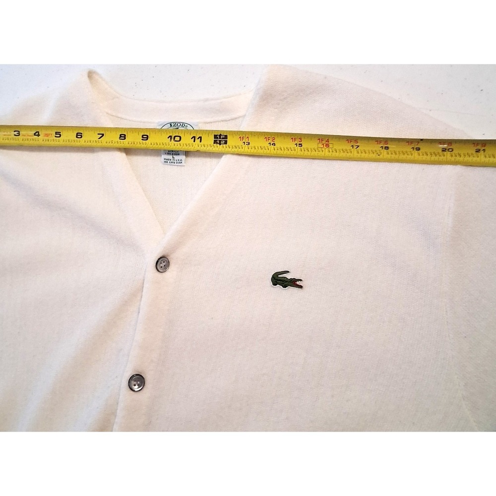 Izod Lacoste Cardigan Mens L White Vintage Preppy V-Neck Knit Sweater Logo 80s - Picture 7 of 13